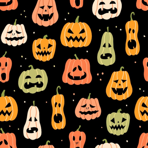 Halloween pumpkin seamless pattern. Hand drawn illustration on black background