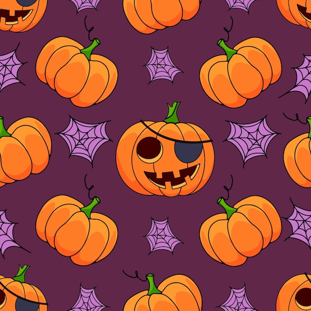 Halloween pumpkin seamless pattern with web on violet background