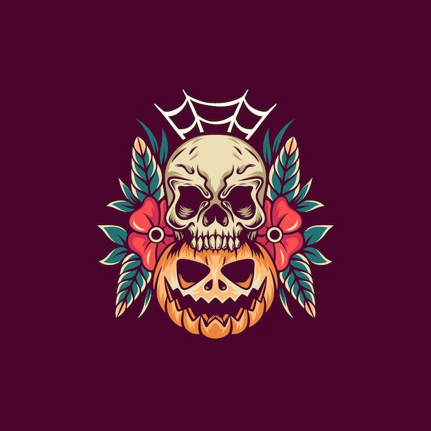 Halloween Pumpkin Skull Retro Illustration