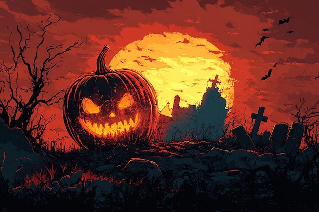 a halloween pumpkin with a cross in the background