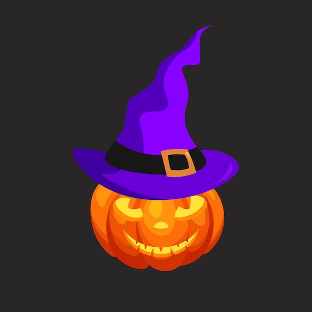 Halloween pumpkin with a cut-out grimace and witch hat isolated on dark background.