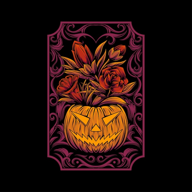 Halloween pumpkin with flowers and ornament