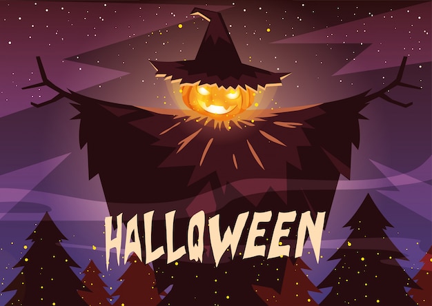 Halloween pumpkin with witch hat in halloween scene