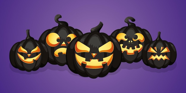 Halloween pumpkins and bats illustration on a purple background Happy halloween design banner