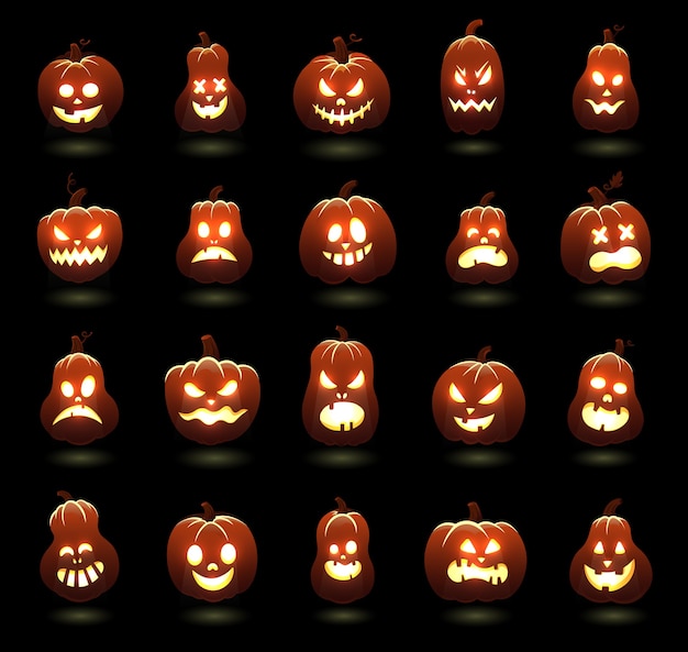 Halloween pumpkins. Cartoon scary carving pumpkin characters, angry glowing pumpkins faces, holiday spooky decoration  illustration set. Halloween holiday character, orange smile horror,