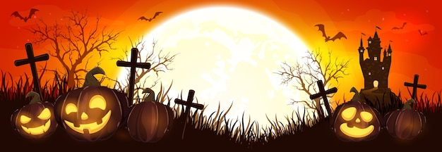 Vector halloween pumpkins on cemetery orange night background banner with jack o' lanterns castle bats and spiders illustration can be used for children's holiday design cards invitations and banners