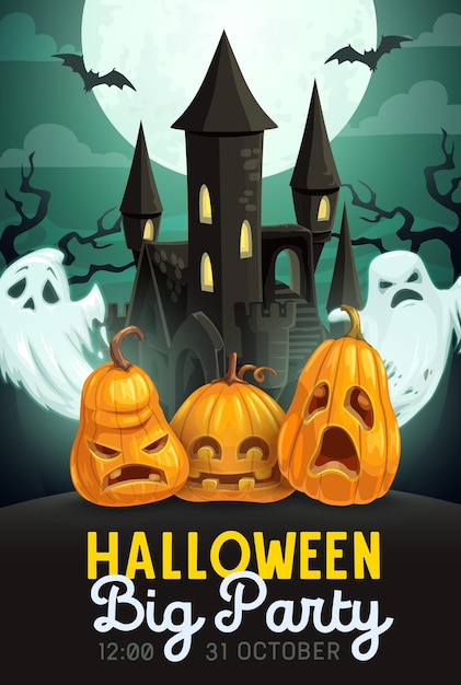 Halloween pumpkins and ghosts with haunted house