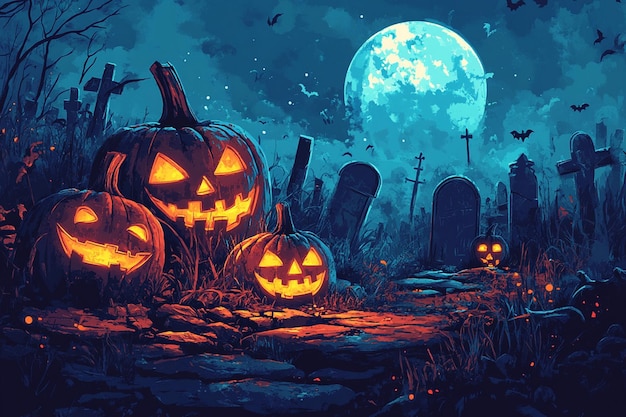 halloween pumpkins in a graveyard with a full moon behind them