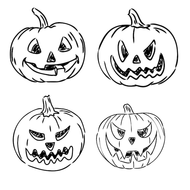 Halloween pumpkins hand drawing doodle sketch style set with different facial expressions