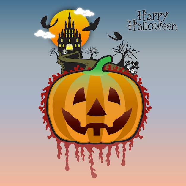 Halloween pumpkins head and haunted house castle bat spooky trees witch vector illustration