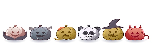 Halloween pumpkins like a Vampire, Zombie, Panda Bear, Witch, Devil and Frankenstein's Monster