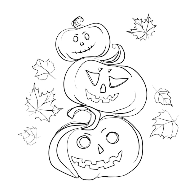 Halloween pumpkins Line art drawing,black and white sketch.Creepy pumpkins and autumn leaves Vector