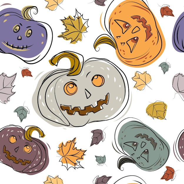 Halloween pumpkins seamless pattern in sketch style with scary and funny faces on white,vector