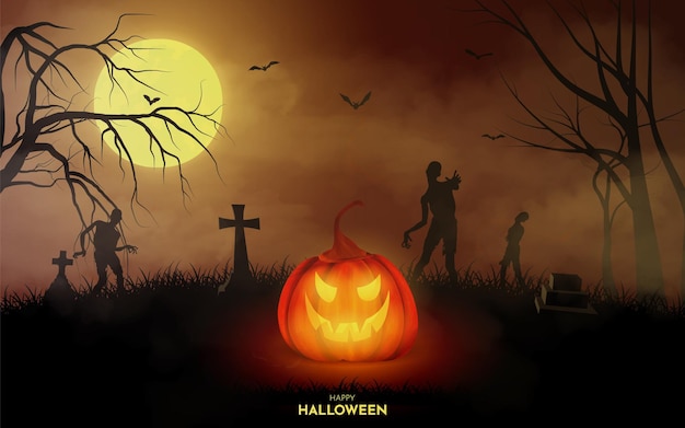 Halloween pumpkins spooky trees cemetery and zombie with moonlight on orange background