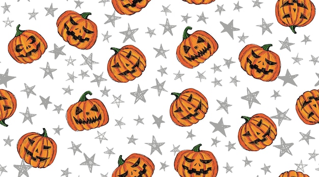 Halloween pumpkins and star pattern. Hand drawn illustration.