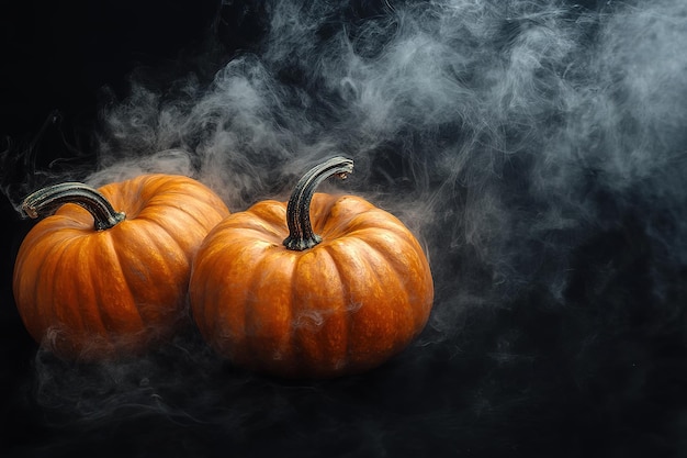 Halloween pumpkins with smoke against black background banner design High quality ar 32 v 61 Job ID cde89dee4ef346538e6e1b44e9780a16