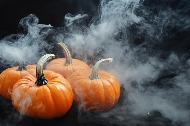 Halloween pumpkins with smoke on black background banner design High quality ar 32 v 61 Job ID 945bfd65231549c2b94642fa8c3d2573