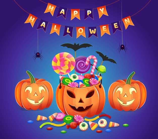 Halloween pumpkins with sweets. Cartoon illustration. Icon for games and mobile application.