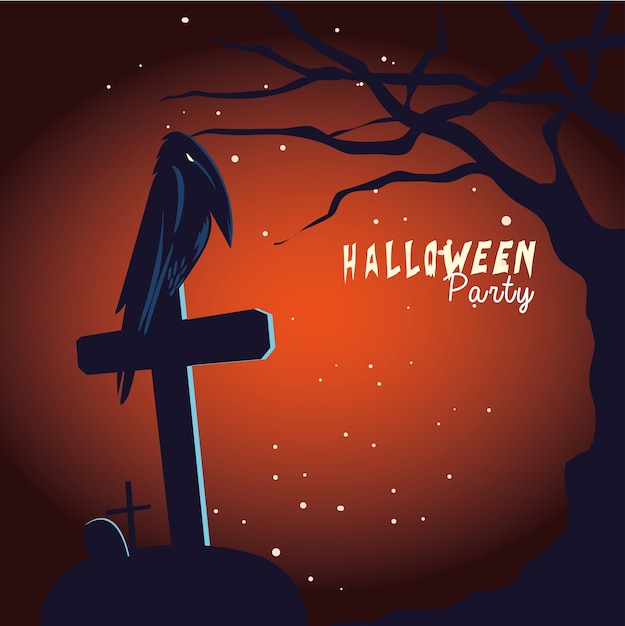 Halloween raven cartoon on grave and tree design, Holiday and scary theme