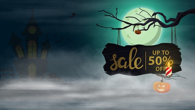 Halloween sale, -50% off, horizontal discount banner with night landscape and old wooden board with offer