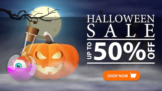 Halloween sale, -50% off, horizontal discount banner with night landscape, pumpkin Jack and witch's potion