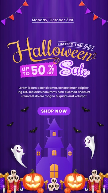 Vector a halloween sale banner template featuring pumpkins candles lanterns and bats