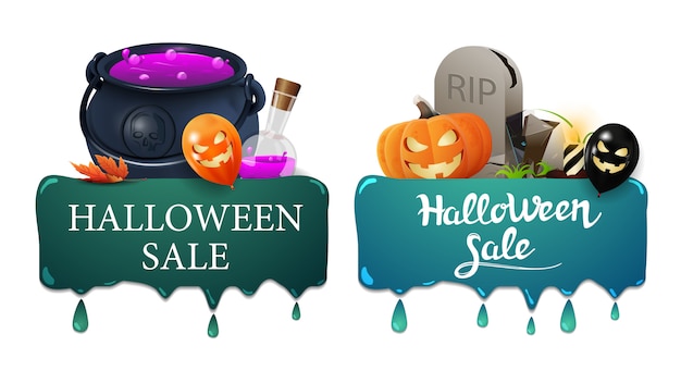 Halloween sale banner, two banners with drips, witch's cauldron and tombstone 