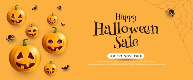 Halloween sale banner with bats and pumpkin