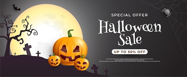 halloween sale banner with pumpkin lantern on dark background