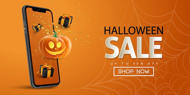 Halloween sale banner with smartphone gift box and realistic modern pumpkin on orange background