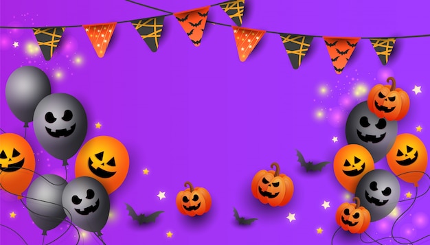 Halloween Sale banner with symbols pumpkin, colored garlands and candy 