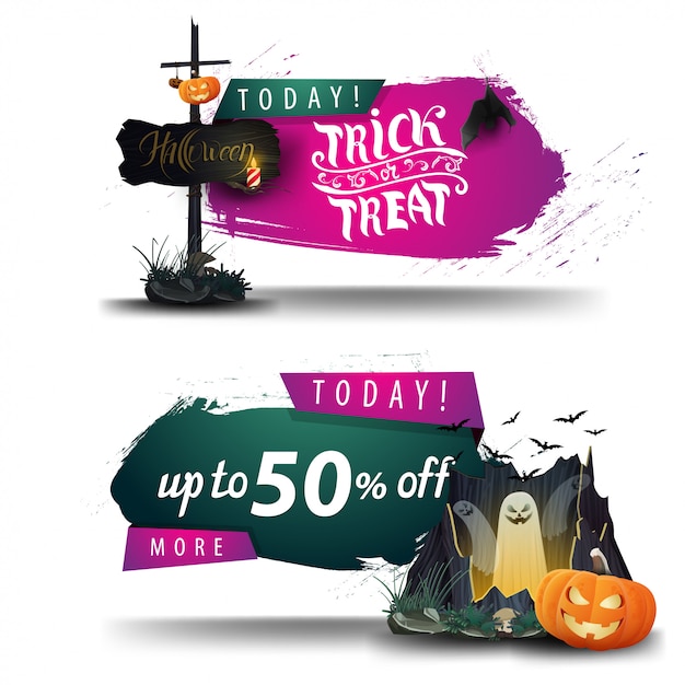 Vector halloween sale, discount banners with old wooden sign, portal with ghosts and pumpkin jack