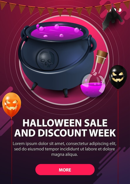 Halloween sale, and discount week, modern pink vertical web banner with button, witch's pot with potion