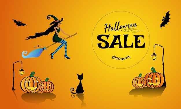 Halloween sale on discounts with a beautiful black witch flying on a broomstick A funny pumpkin under the headlight and a black cat sitting Vector illustration EPS10