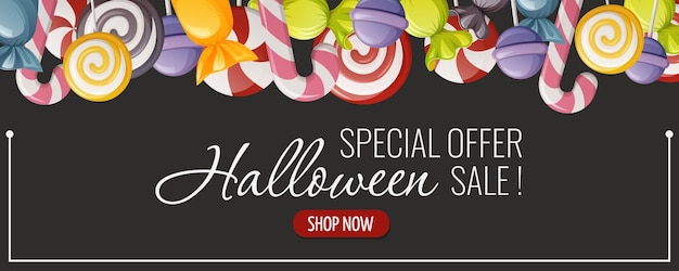 Halloween sale flyer. Sweet treat from lollipops, candies. Vector illustration.