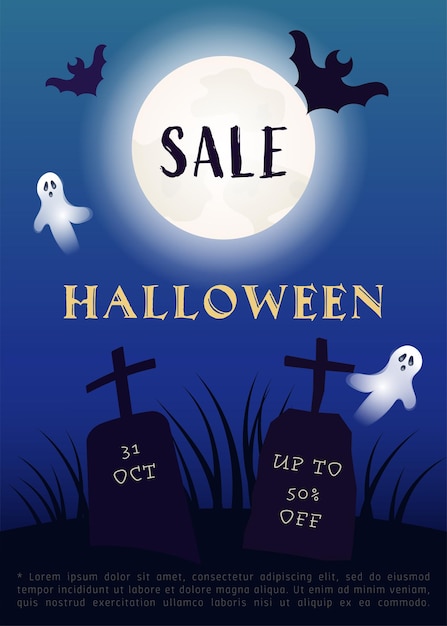 Halloween sale flyer template with moon, bat, graves and ghosts on cemetery. Halloween background.