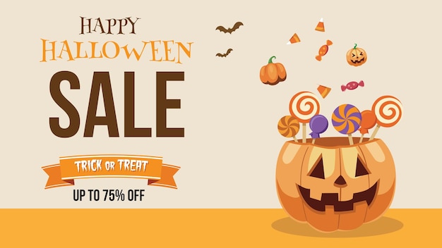 Halloween sale horizontal banner  flat vector illustration