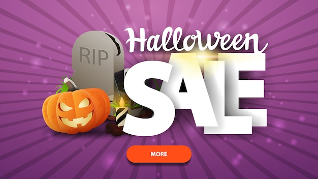 Halloween sale, horizontal purple web banner with big letters, tombstone and pumpkin Jack