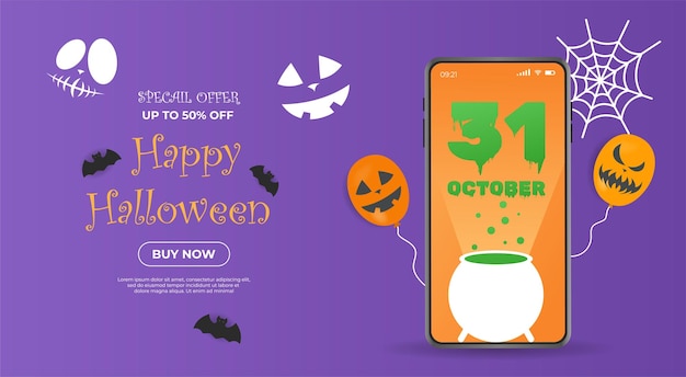 Halloween sale promotion banner with a discount offer Happy halloween sale realistic phone Give voucher banner poster or background realistic style online shopping concept Vector illustration