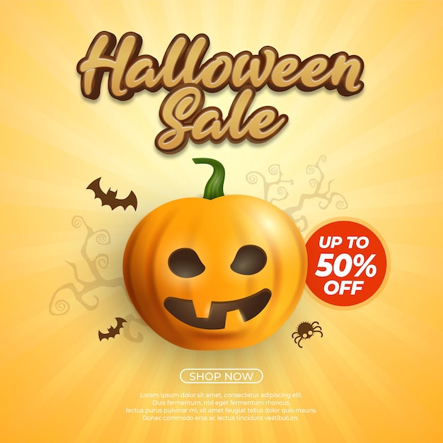 Halloween sale squared banner with pumpkin character