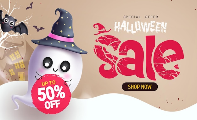 Vector halloween sale text vector banner design halloween cute ghost character wearing witch hat