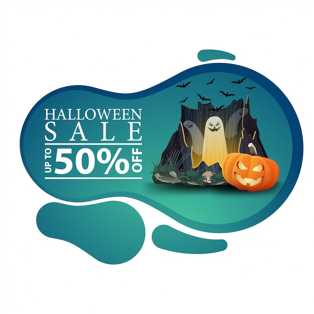 Halloween sale, up to 50% off, modern green discount banner in the form of smooth lines for your business with