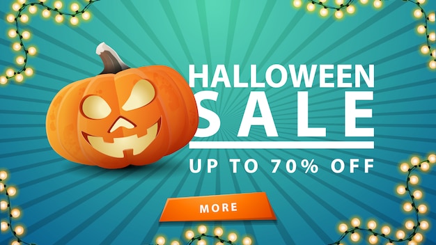 Halloween sale, up to 70% off, discount blue banner with button and fun pumpkin Jack