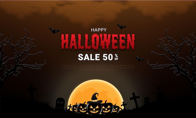 Halloween sale with dark pumpkin and glowing moon