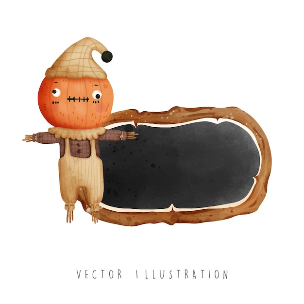 Halloween scarecrow with wooden sign vector illustration