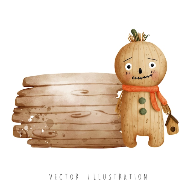 Halloween scarecrow with wooden sign vector illustration