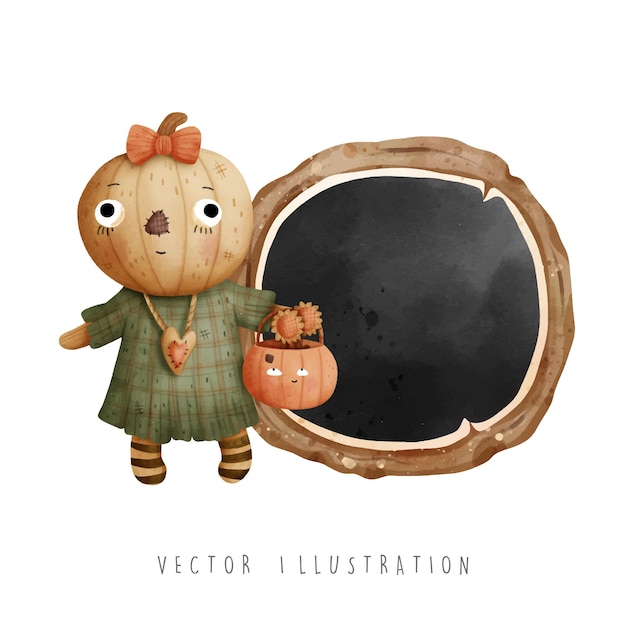 Halloween scarecrow with wooden sign vector illustration