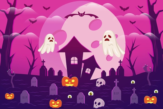 Halloween scary background with pumpkin tombstones skulls and ghost