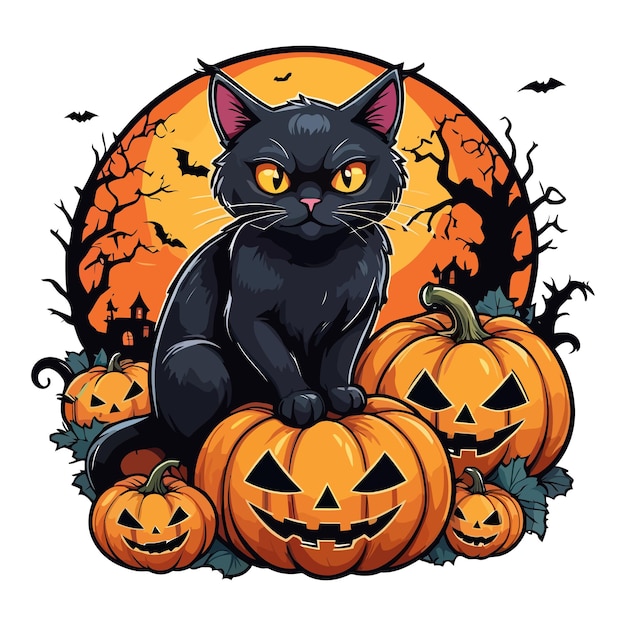 Halloween scary black cat with Haunted Pumpkins clipart Halloween set vector illustrations