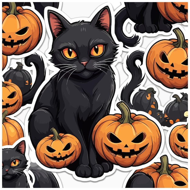 Halloween scary black cat with Haunted Pumpkins clipart Halloween set vector illustrations